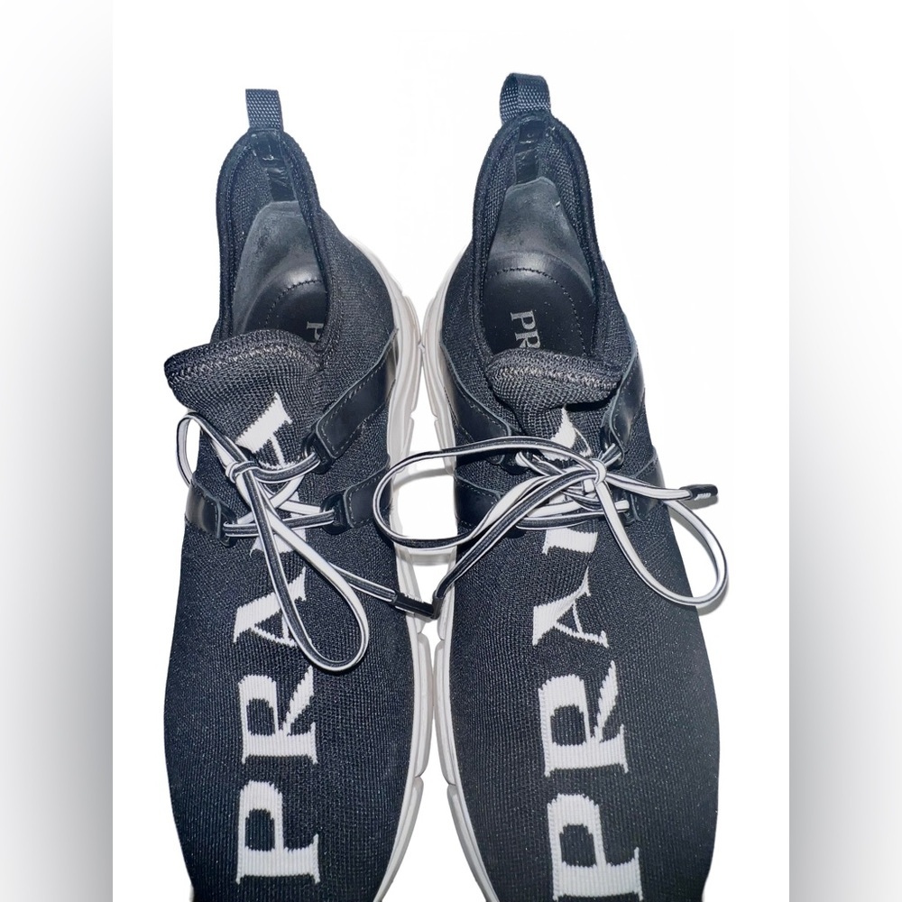 Authentic PRADA shoes Size 38.5 or 8 Black & White Logo Knit Low-Top Sneakers - Picture 4 of 6